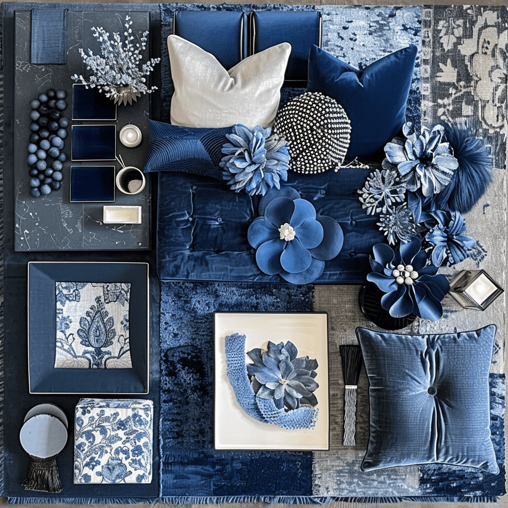 Rich navy blue hues featured on a Victorian color palette moodboard, emphasizing their elegance and depth