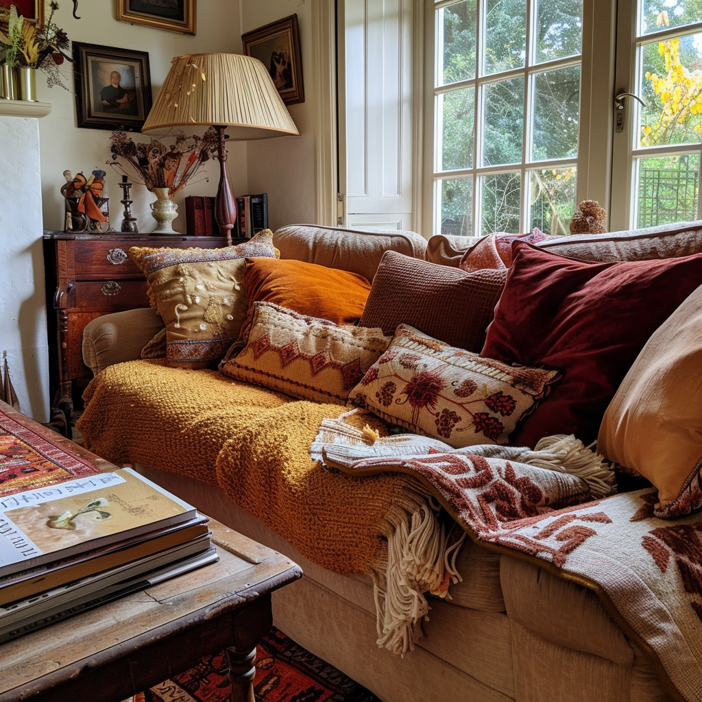 Rich, warm colors of burgundy, rustic orange, and golden yellow infuse this English countryside living room with the comforting essence of autumn, as seen in the throw pillows, blankets, and seasonal decorations