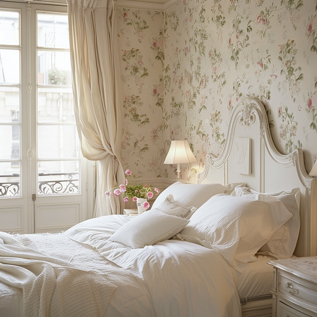 Romantic bedroom with delicate floral wallpaper, soft linens, and sheer curtains, creating a dreamy atmosphere