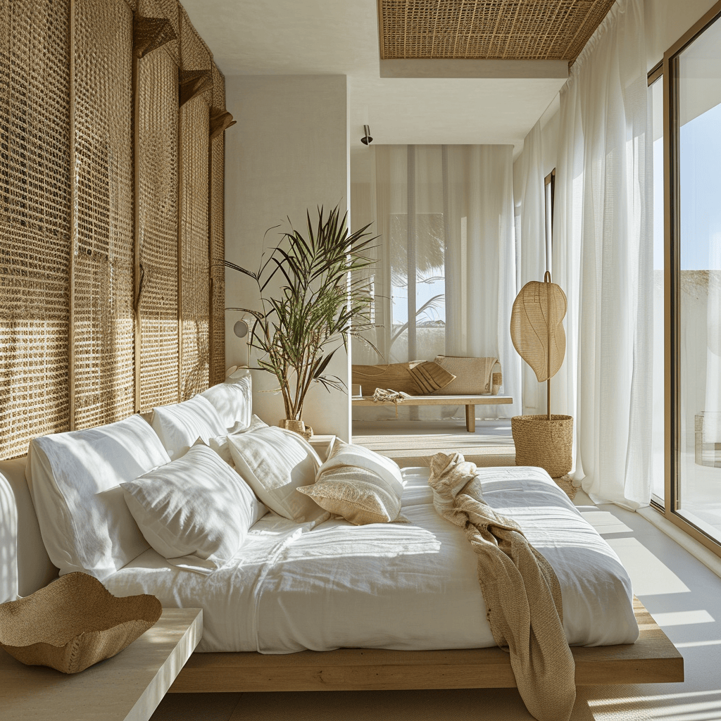 Romantic coastal bedroom with soft lighting and a billowy bed canopy