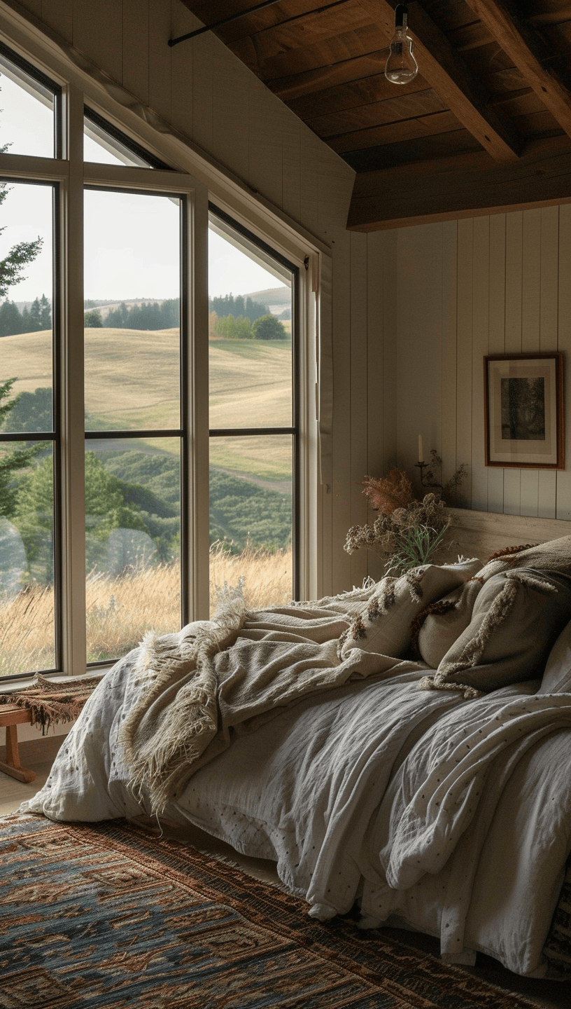 Romantic rustic bedroom with hanging lanterns, providing a quaint atmosphere