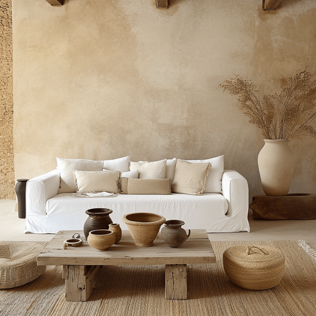 Rope-wrapped beams in a rustic living room with a high ceiling