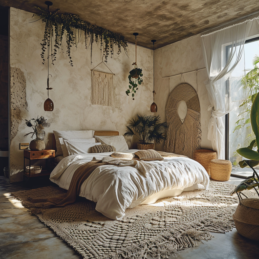 Rustic Boho bedroom with canopy bed and layered throw blankets