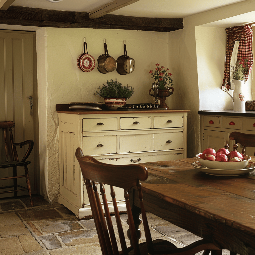 Rustic English kitchen featuring a dresser or sideboard that offers practical storage and a charming spot for serving meals