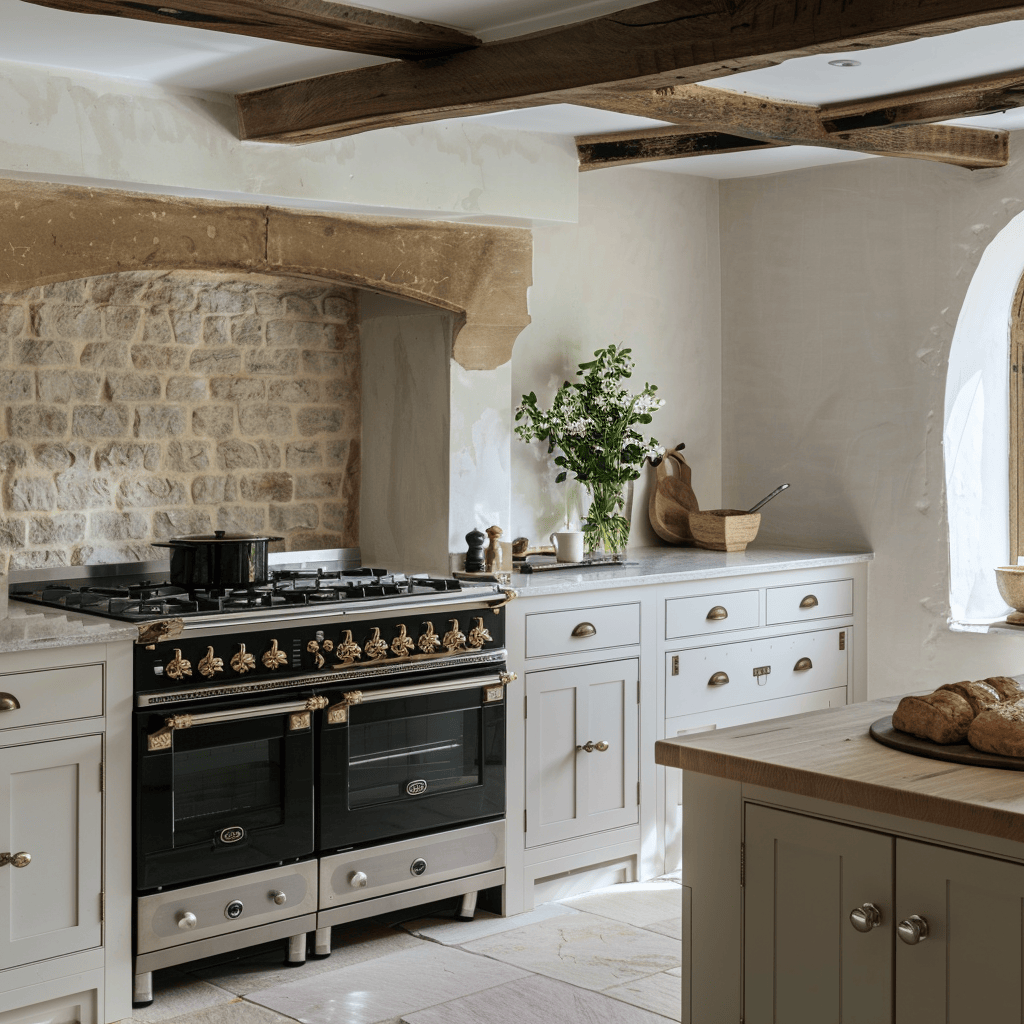 Rustic English kitchen featuring a traditional range cooker that brings a sense of history and practicality to the room