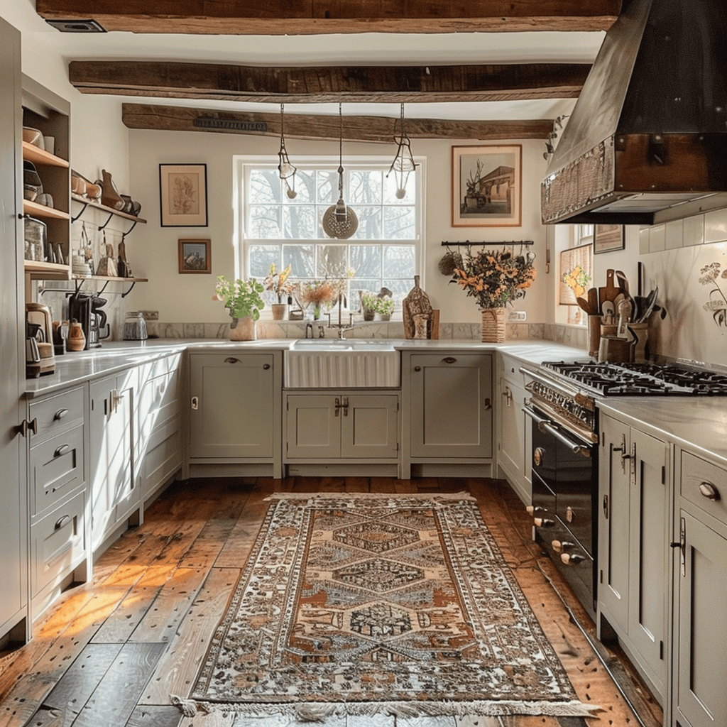 Rustic English kitchen featuring beautiful wide-plank hardwood flooring and a comfortable rug