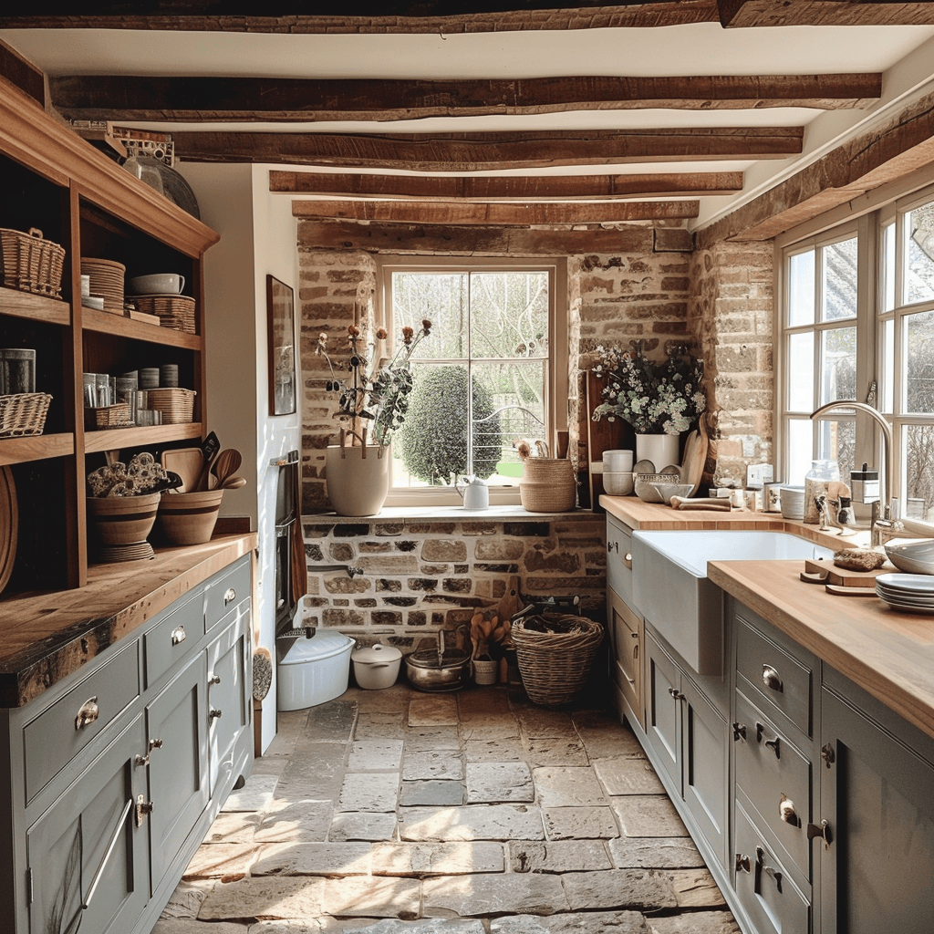 Rustic English kitchen featuring butcher block worktops that provide a practical and visually appealing surface for food preparation
