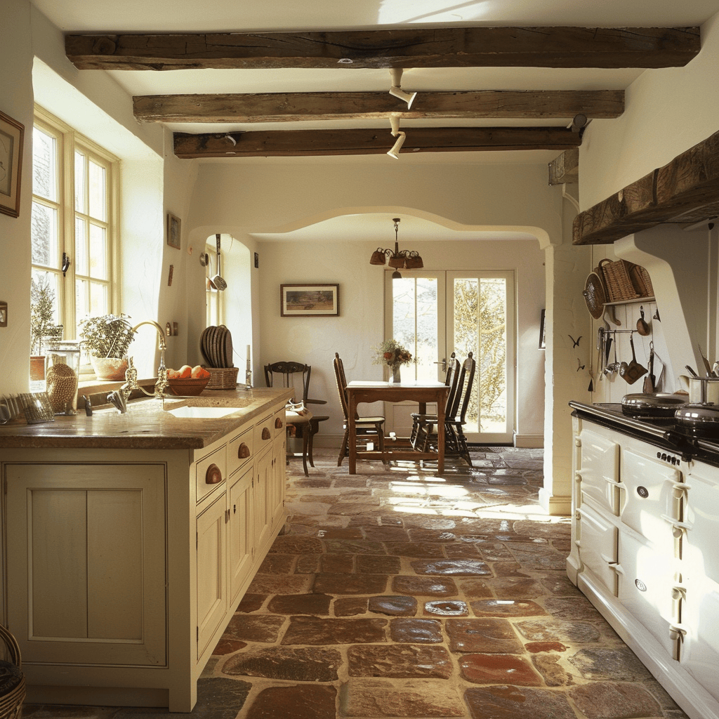 Rustic English kitchen featuring flagstone or brick flooring that brings a sense of history and character to the room