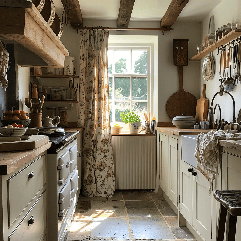 Rustic English kitchen featuring linen curtains and patterned tea towels, bringing a touch of softness and visual interest to the room