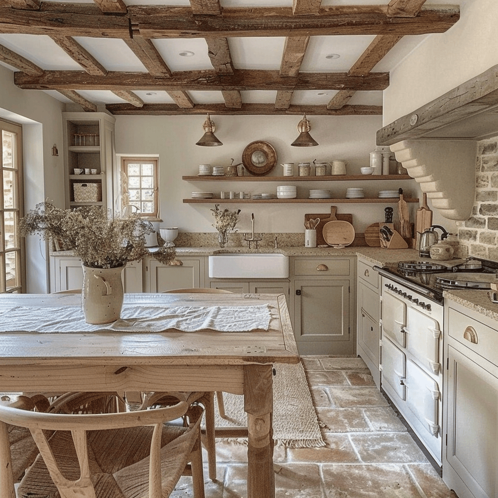 Rustic English kitchen featuring neutral hues that contribute to a timeless aesthetic, perfect for a forever home