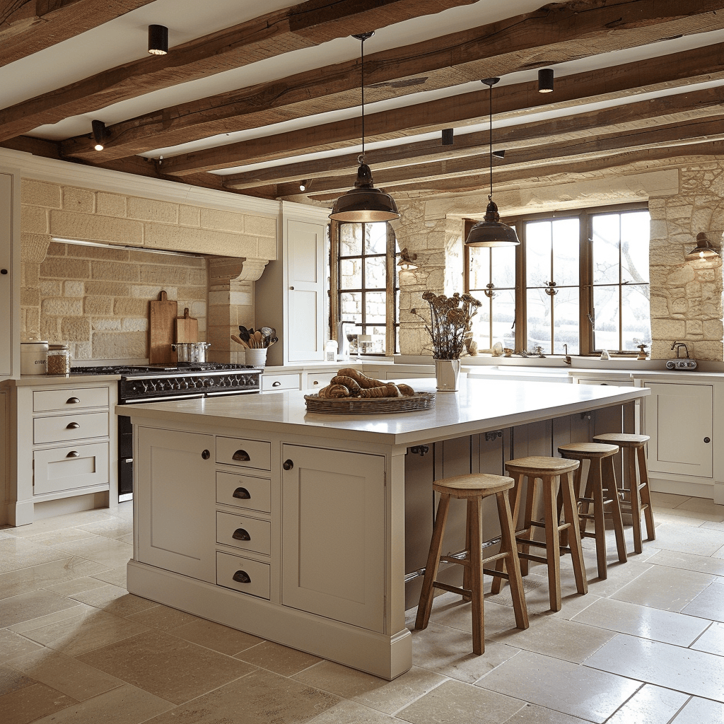 Rustic English kitchen featuring pendant lights above the island that offer functional illumination and visual interest to the room