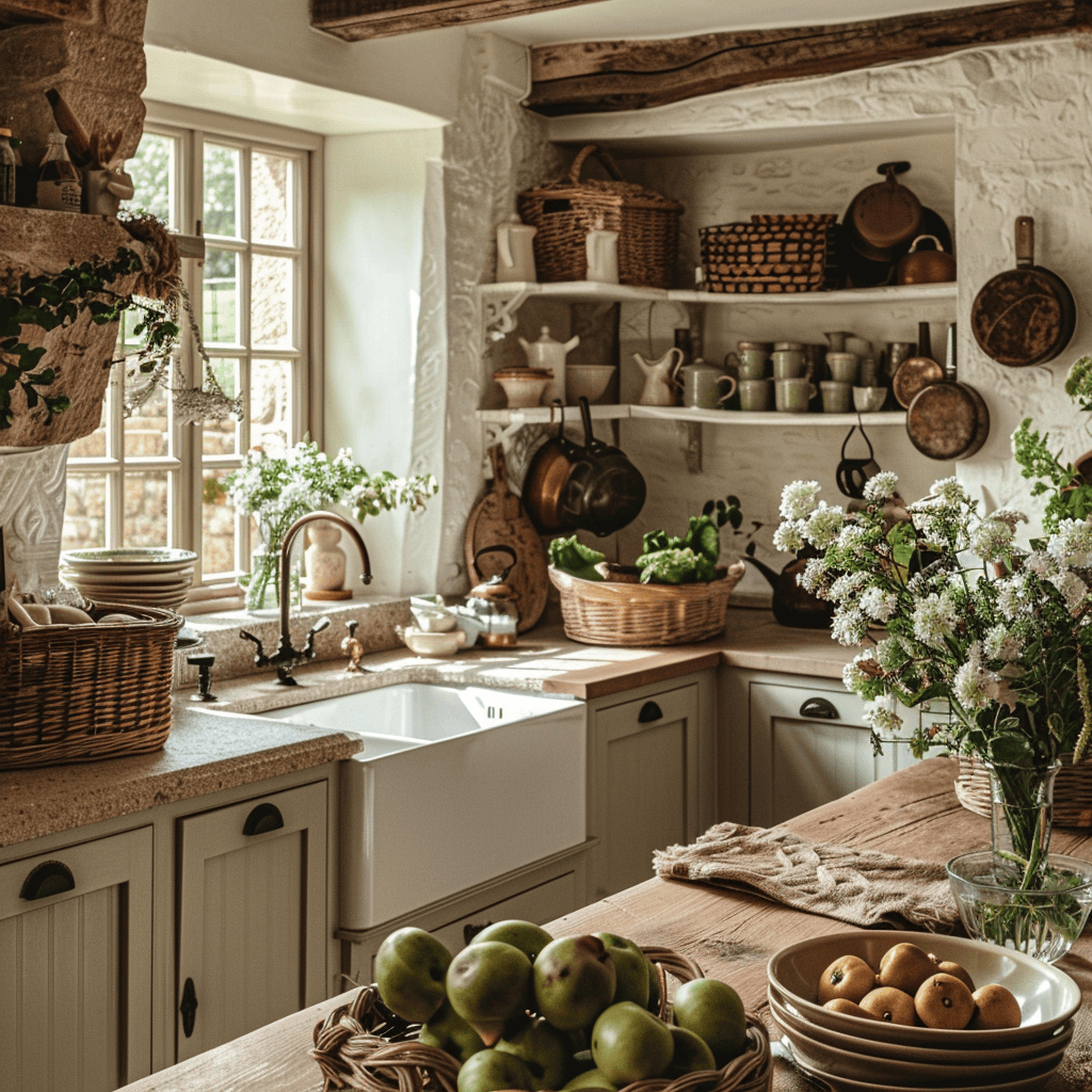 Rustic English kitchen featuring vintage accessories, fresh flowers, and woven baskets, adding character and warmth to the space