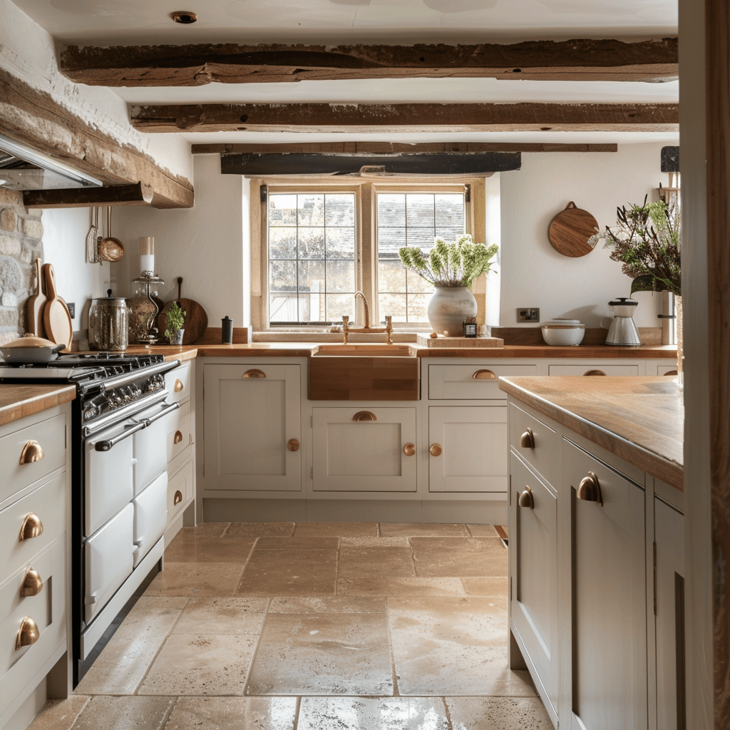 Rustic English kitchen that captures the timeless charm and warmth of countryside living, creating a welcoming and comfortable space