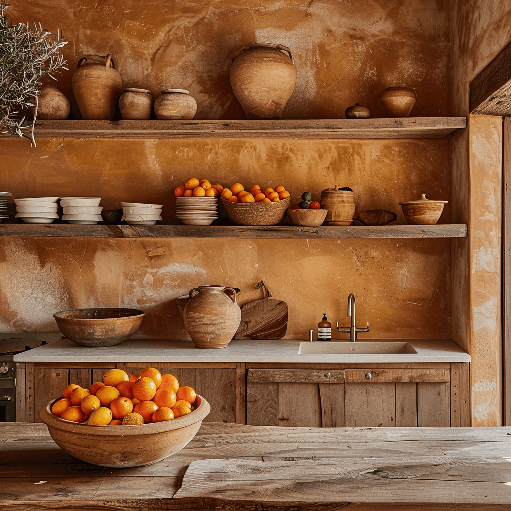 Rustic Mediterranean kitchen boasting warm terracotta, clay pottery decor, a wooden counter, and a vibrant citrus fruit bowl
