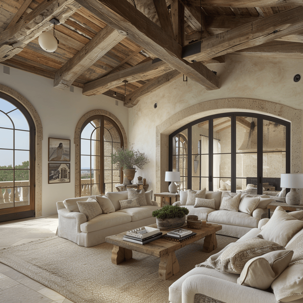 Rustic Mediterranean living room with a focus on incorporating exposed wooden beams for added texture and visual interest