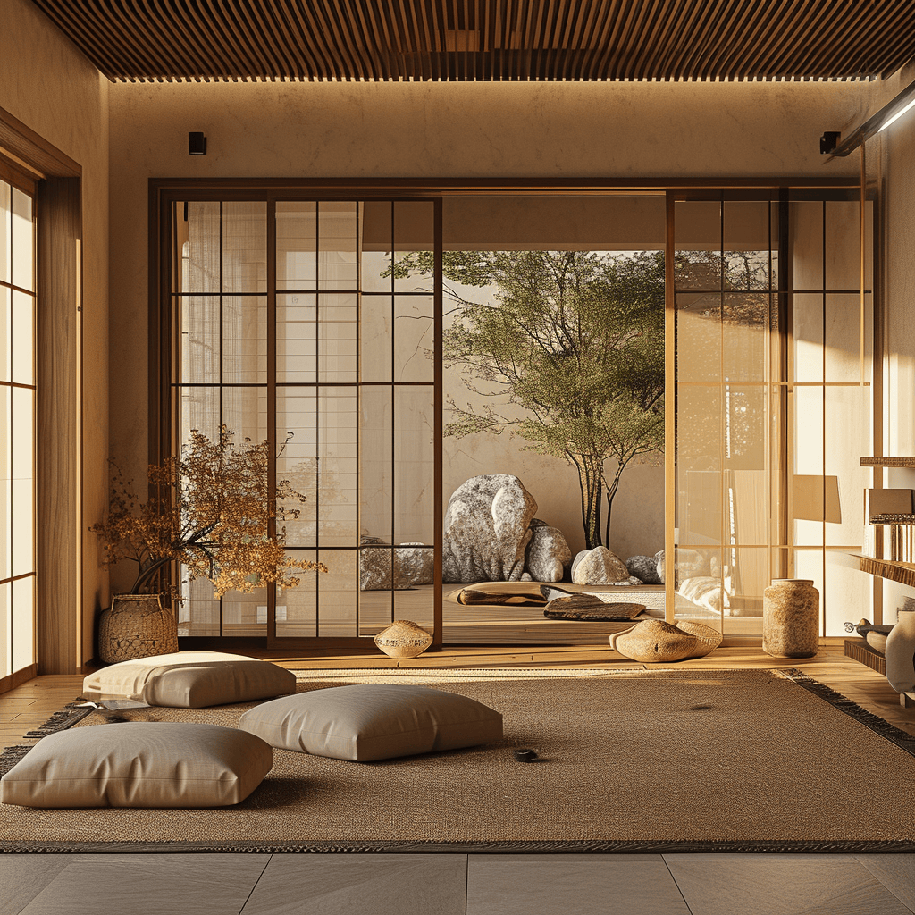 Rustic Wabi-Sabi accents in a minimalist Japandi living space