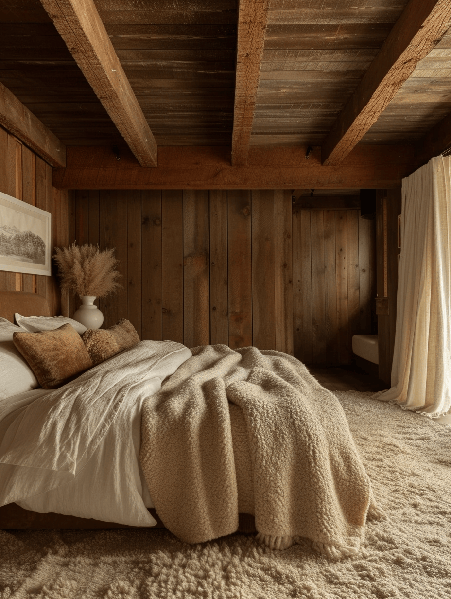 Rustic bedroom featuring an oversized wall clock for a striking focal point