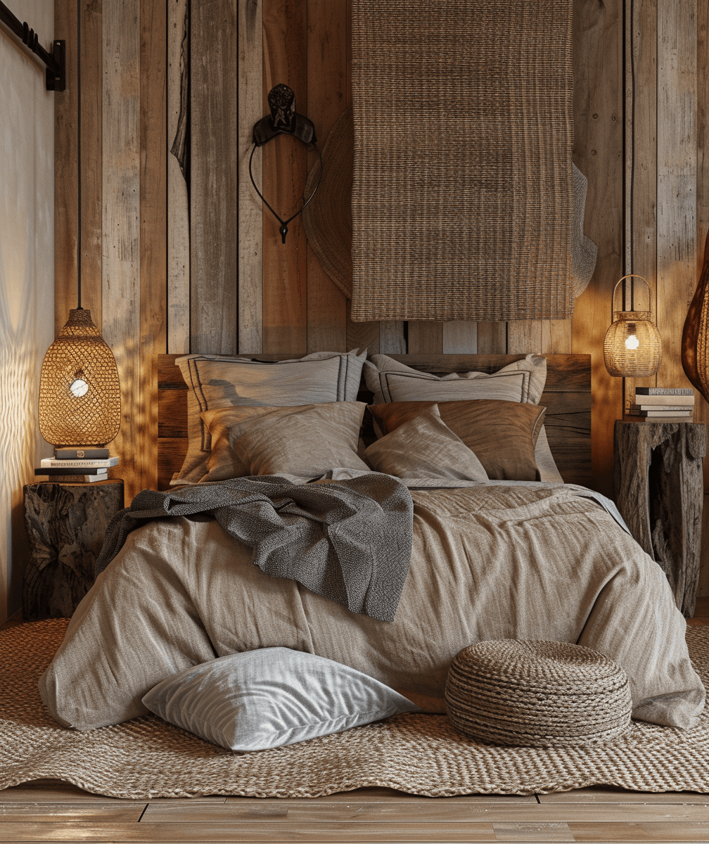 Rustic bedroom styled with distressed wood furniture, enhancing the room's character