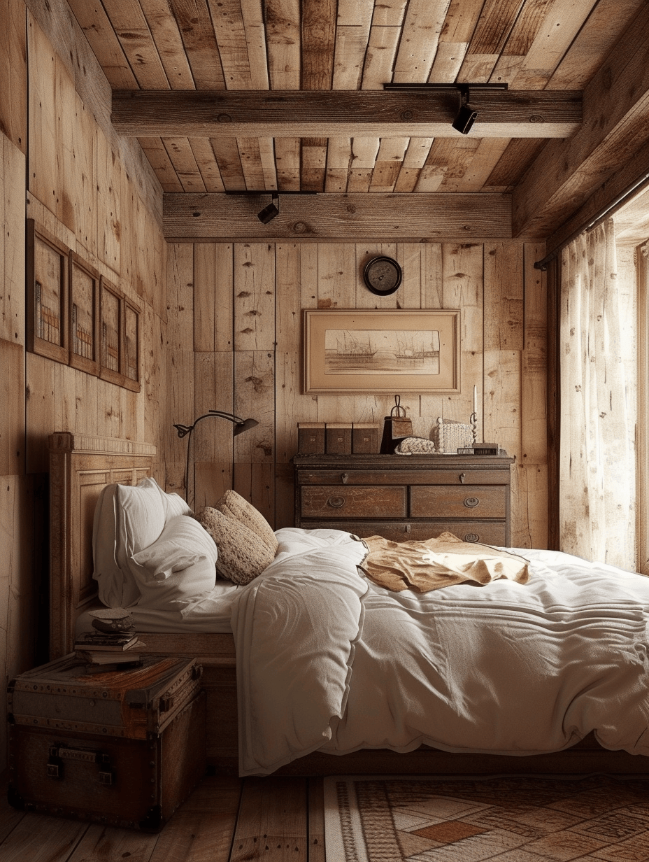 Rustic bedroom utilizing a wooden ladder for towel or blanket storage