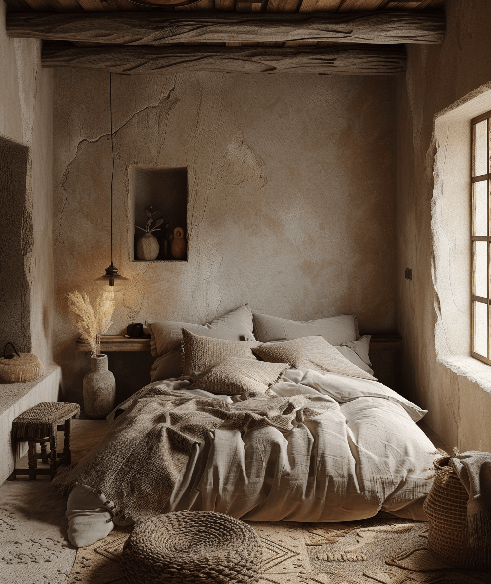 Rustic bedroom with a stone fireplace, providing a warm and welcoming ambiance