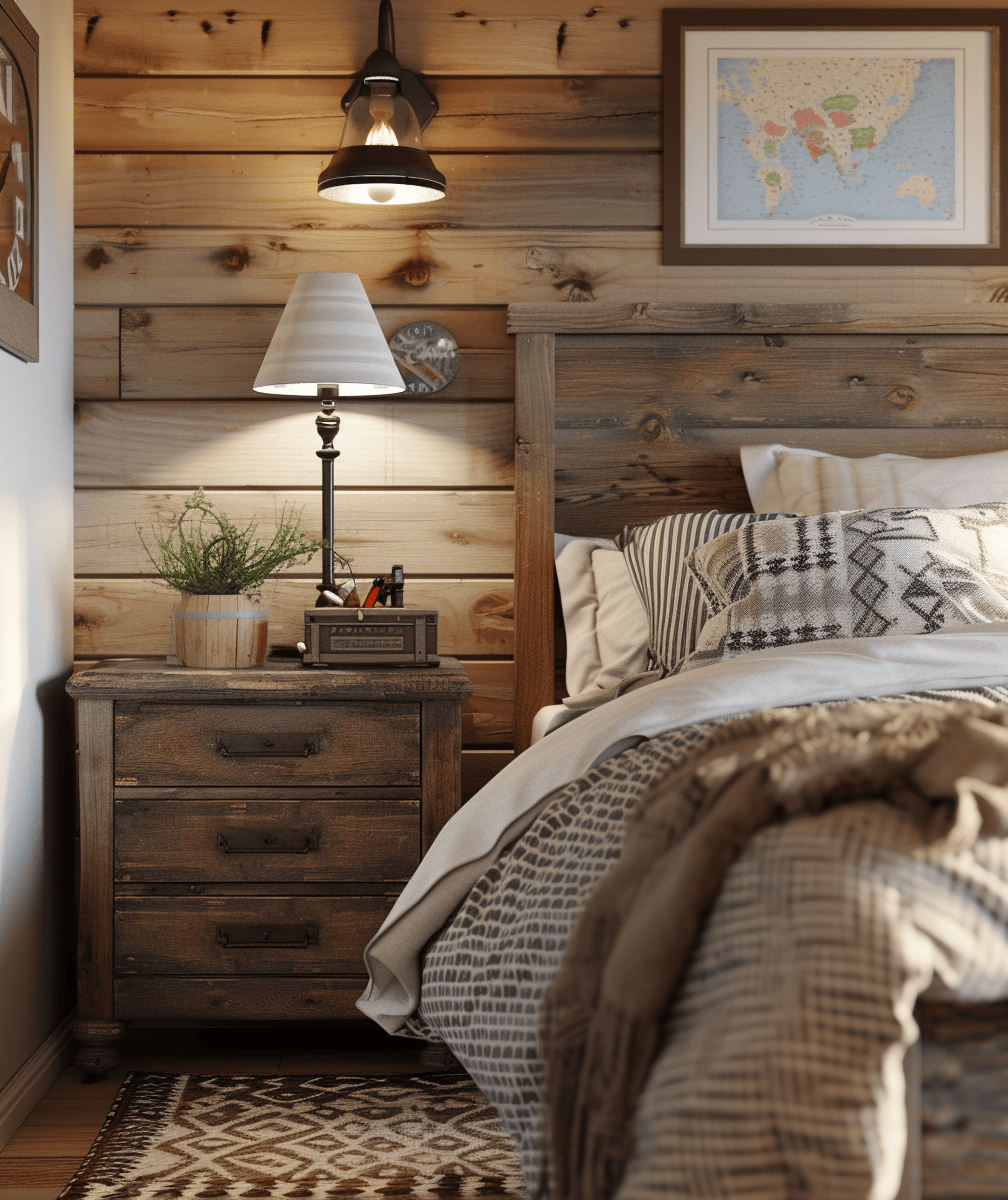 Rustic bedroom with canvas or burlap textiles for a rough, natural texture