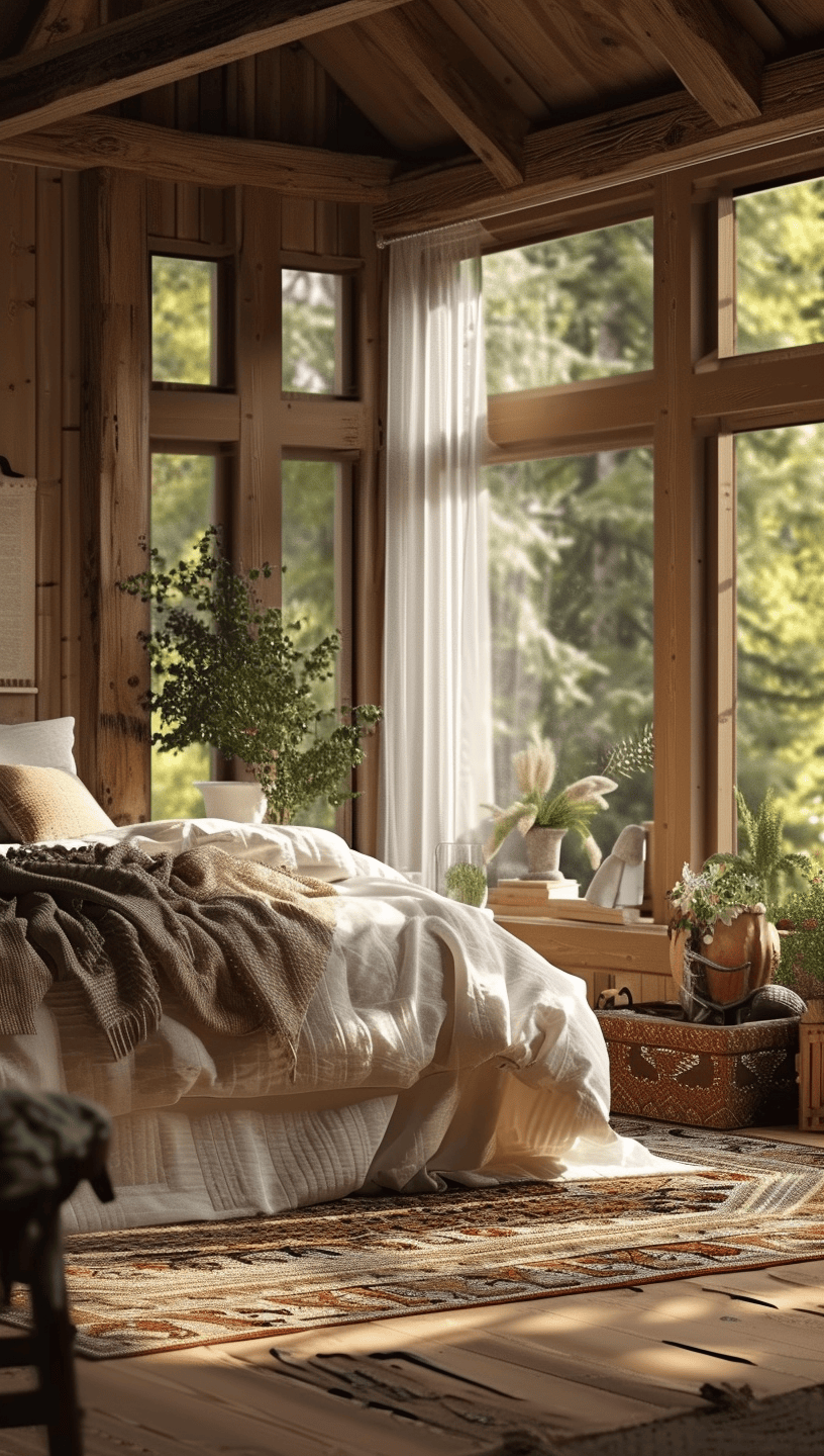 Rustic bedroom with metal accents in copper or aged brass for an industrial flair