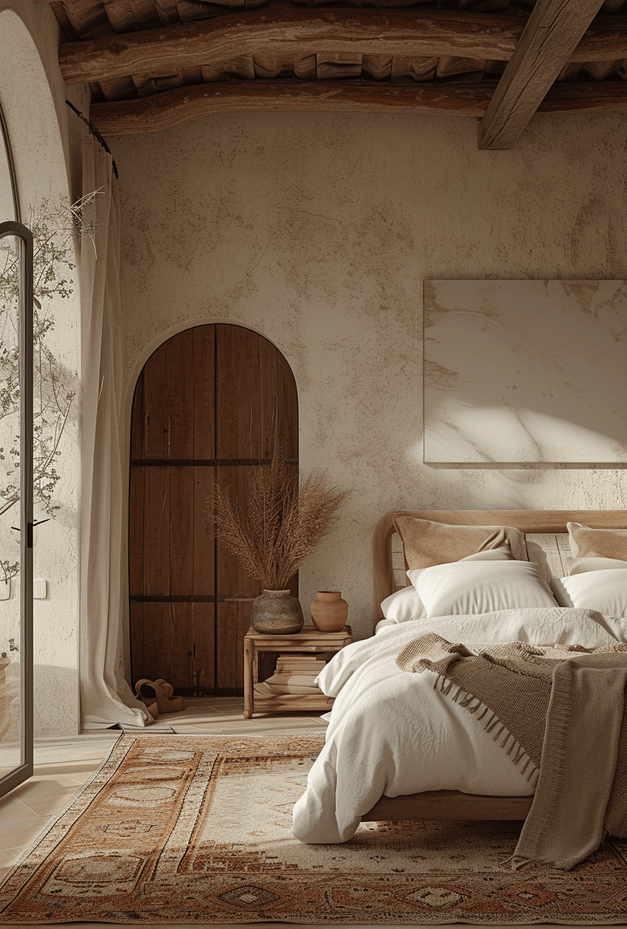 Rustic bedroom with natural fiber rugs, adding an organic touch to the decor