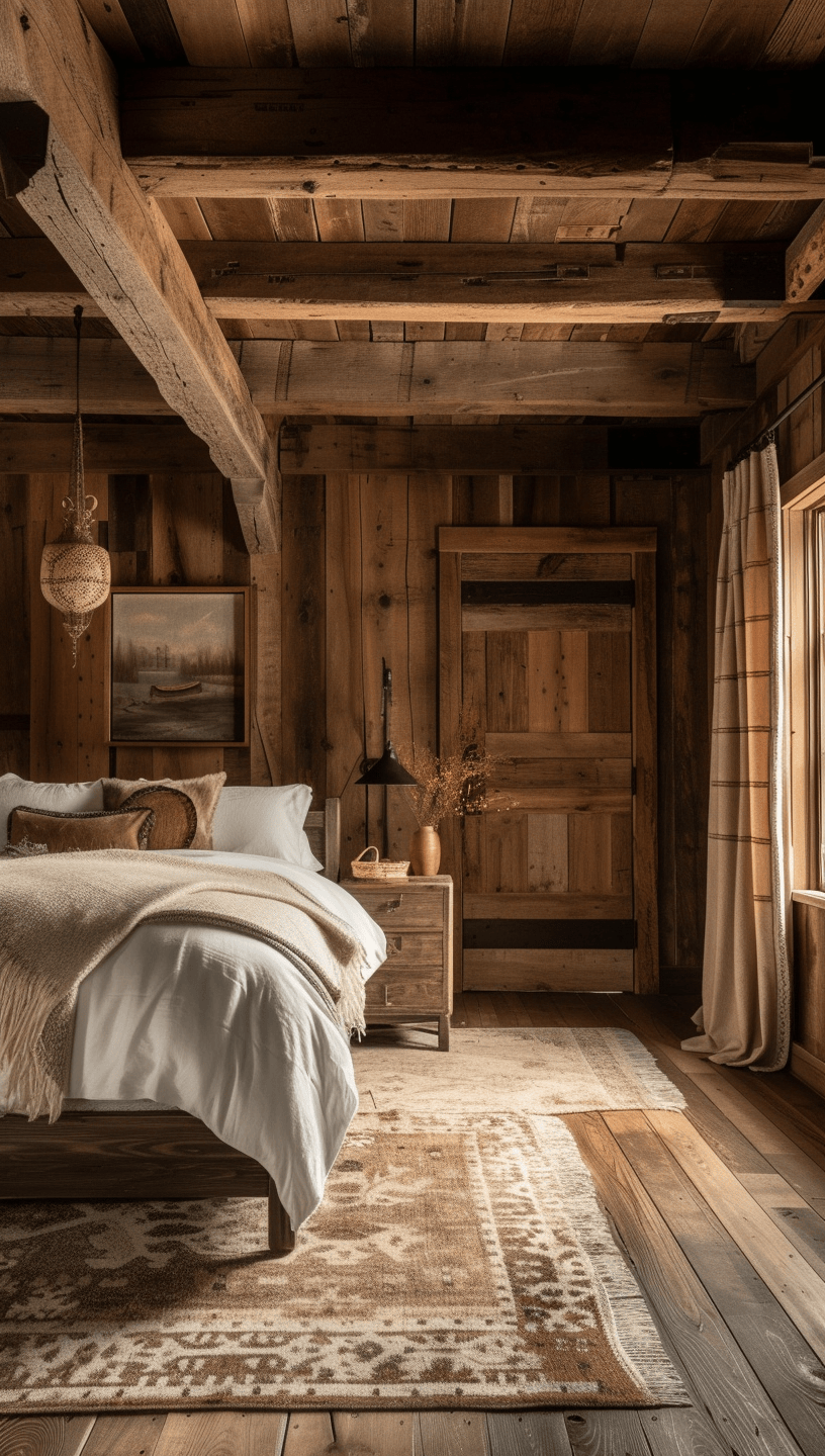 Rustic bedroom with wall sconces, providing ambient and moody lighting