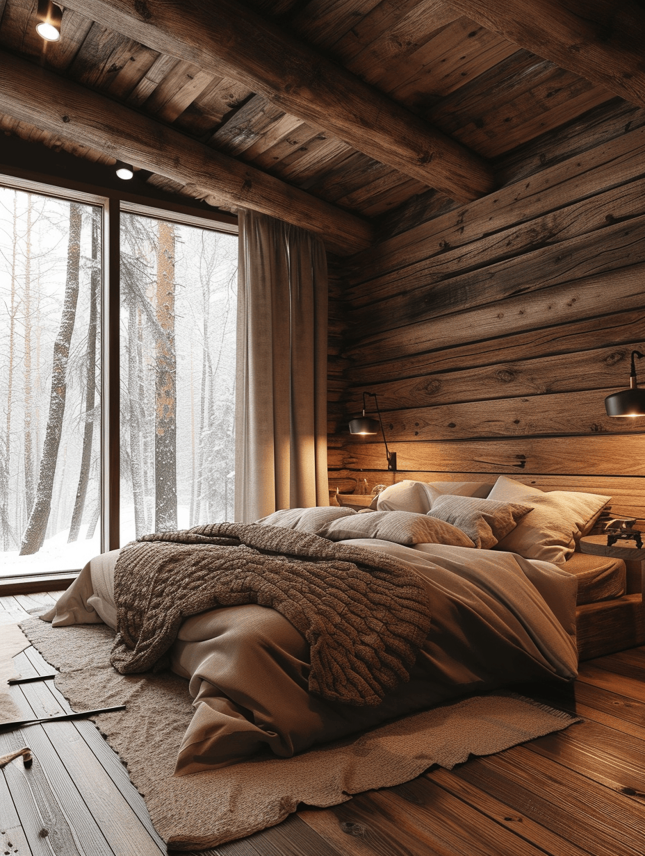 Rustic bedroom with wooden window frames and shutters for a country vibe