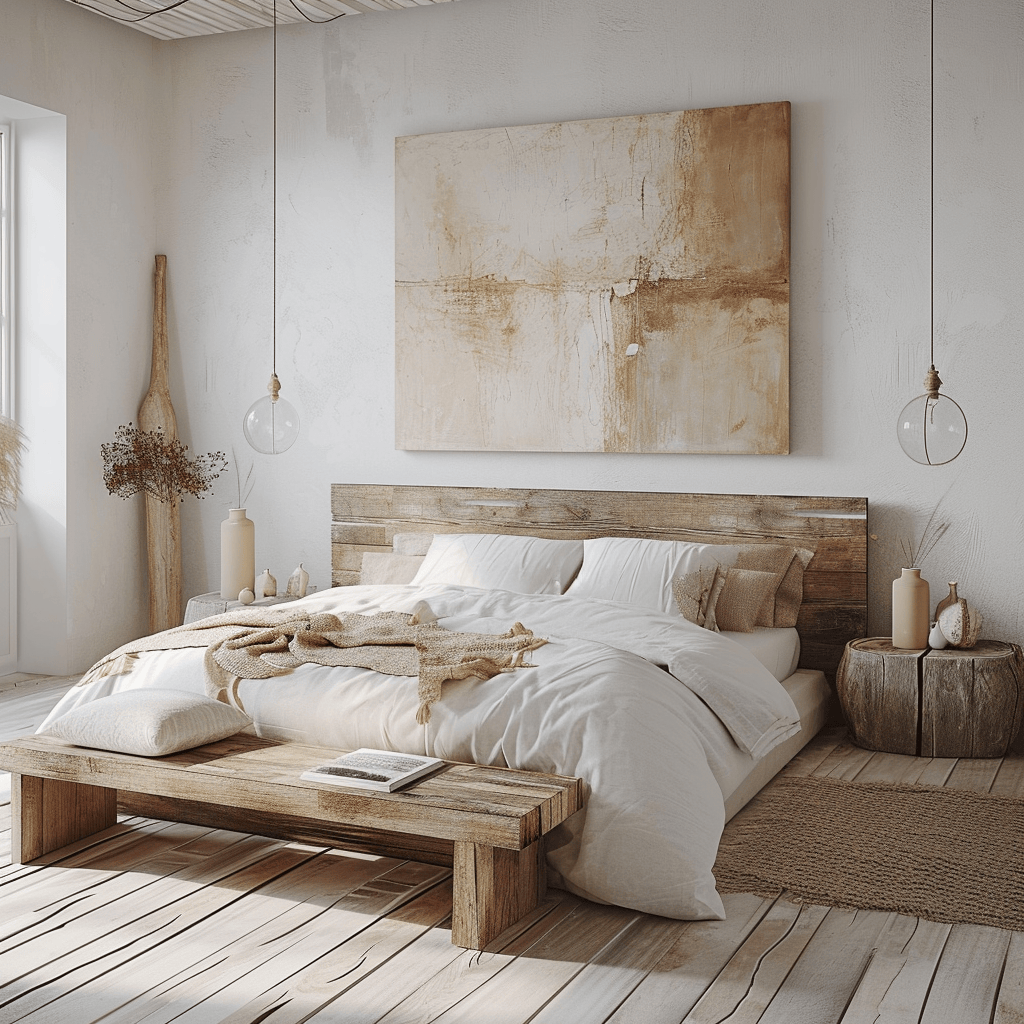 Rustic coastal bedroom featuring reclaimed wood furniture and vintage decor