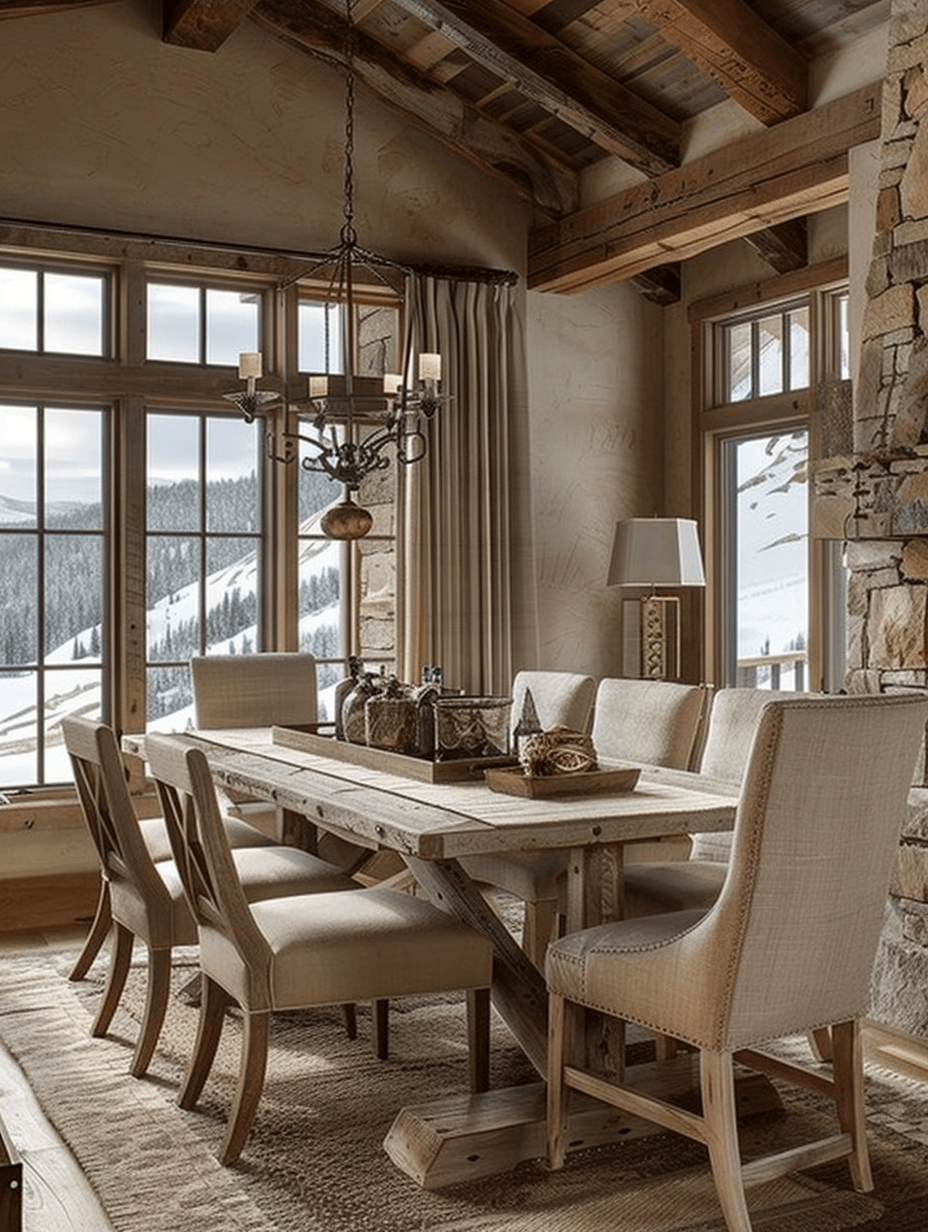 Rustic dining room with reclaimed wood table and distressed chairs