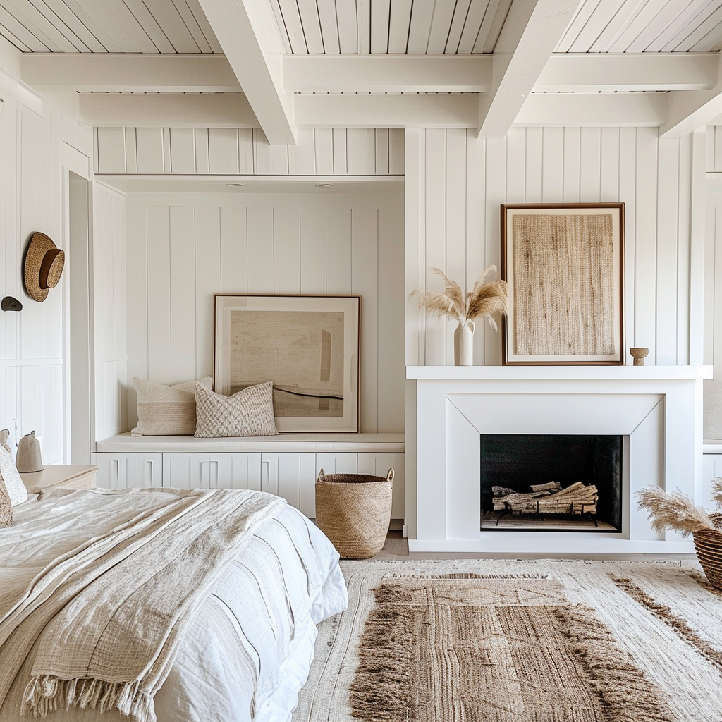 Rustic farmhouse bedroom with a large wooden bed and cozy layered bedding