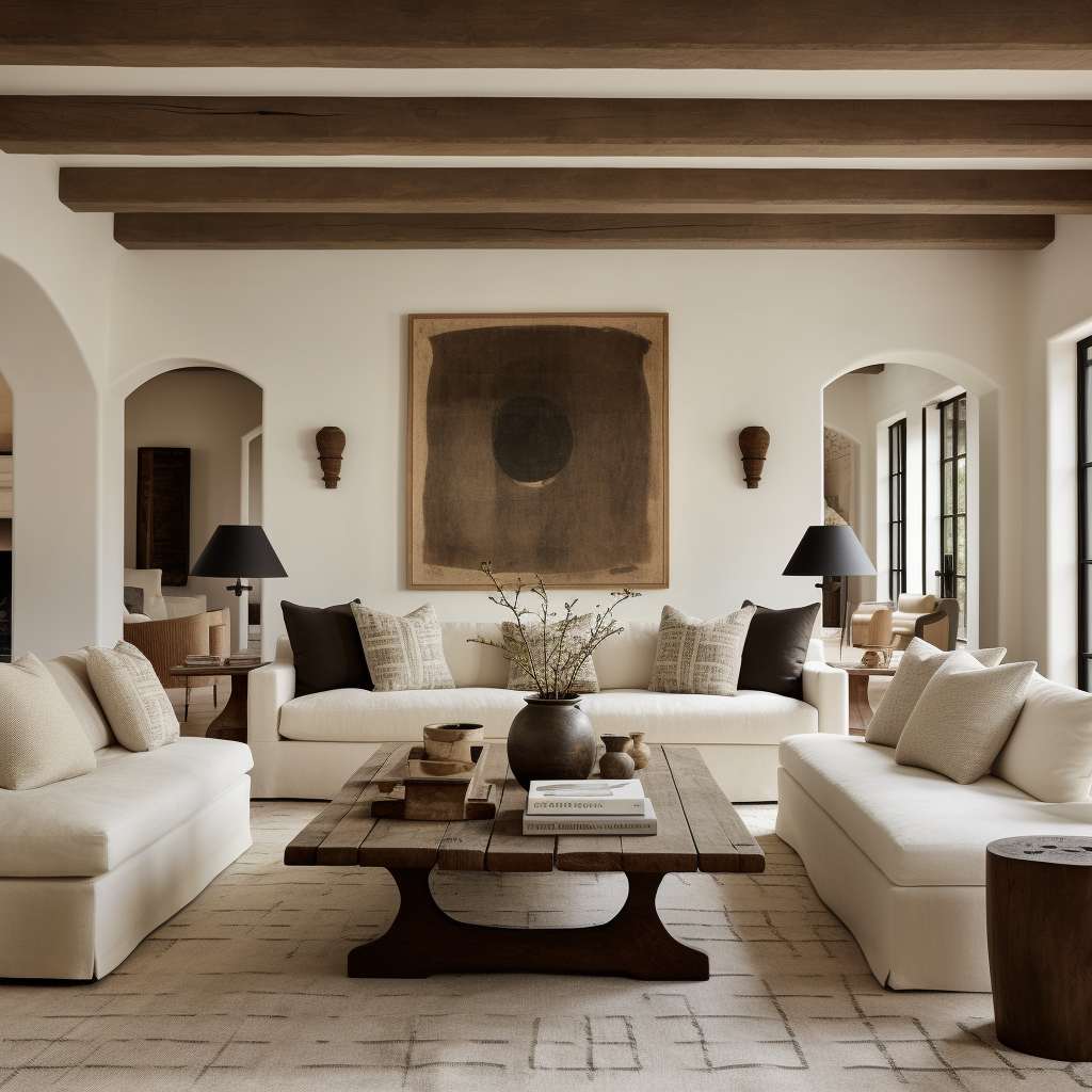 Rustic farmhouse living room with exposed wooden ceiling beams