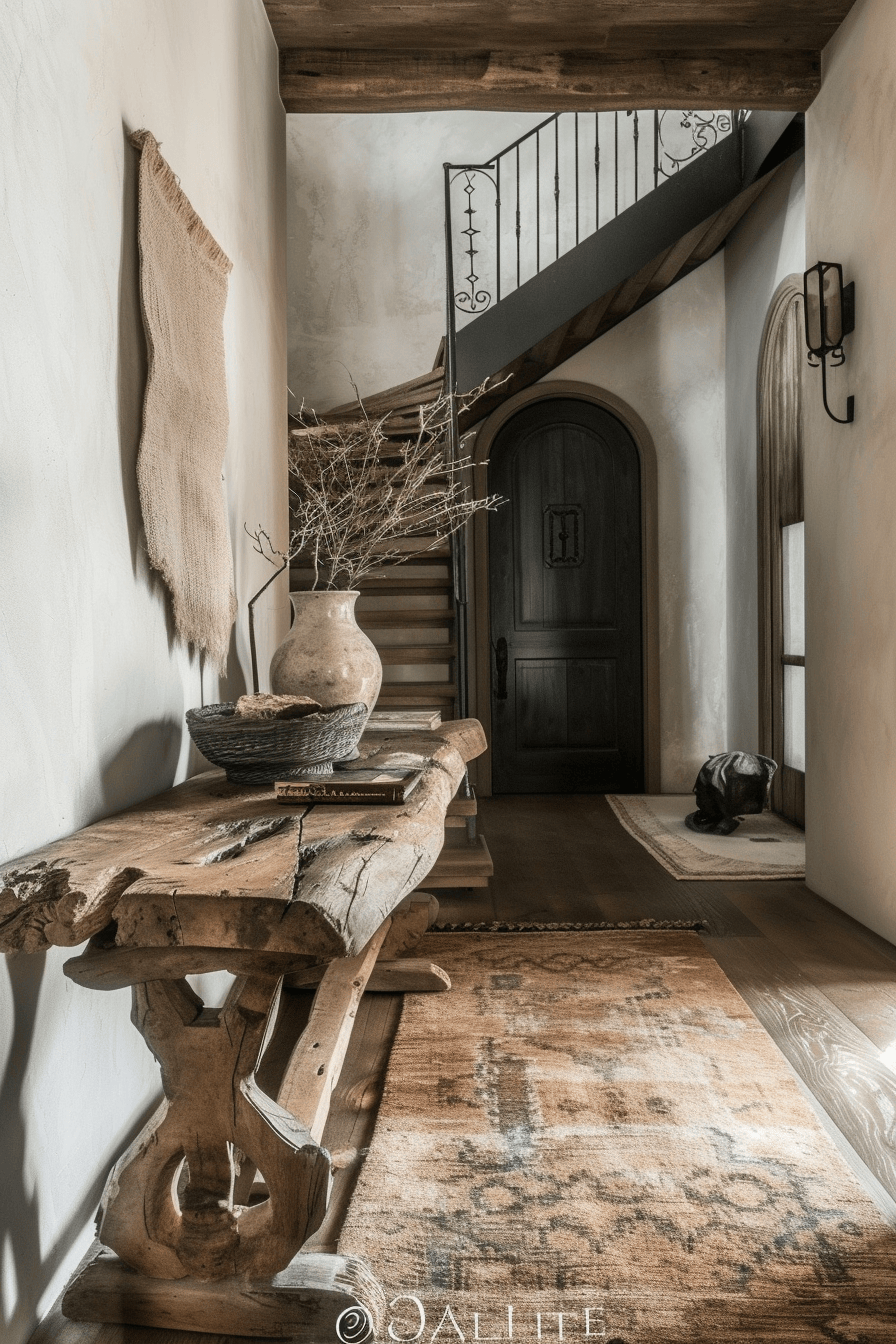 Rustic hallway furnished with handpicked pieces that evoke a sense of warmth and elegance in a countryside setting