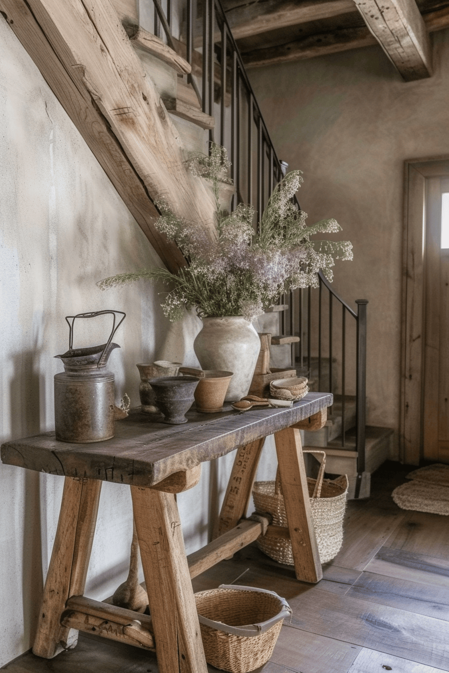 Rustic hallway with modern country decor, showcasing a blend of traditional charm and contemporary design elements