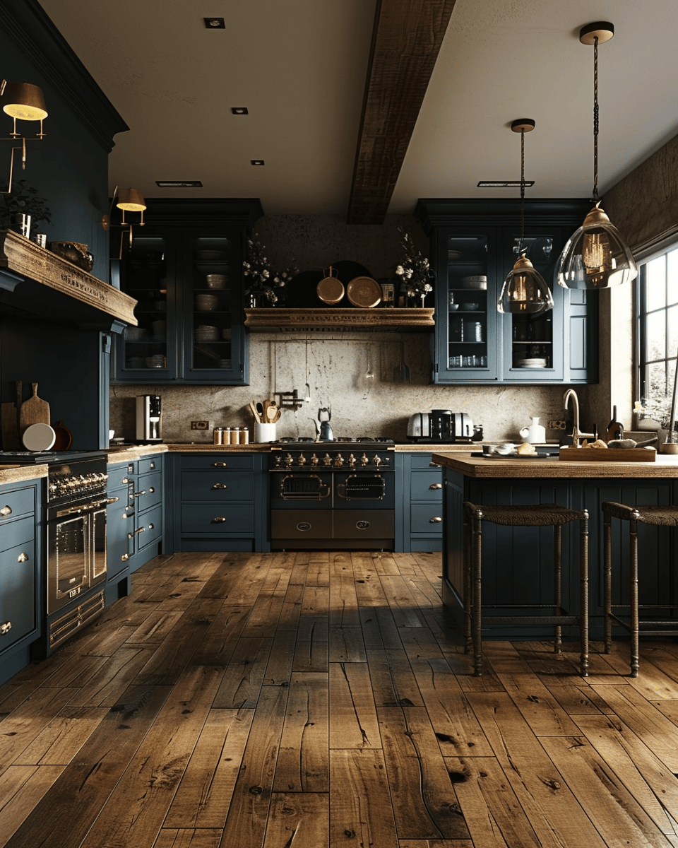 Rustic kitchen flooring options sample board with distressed wood and natural stone for a vintage look