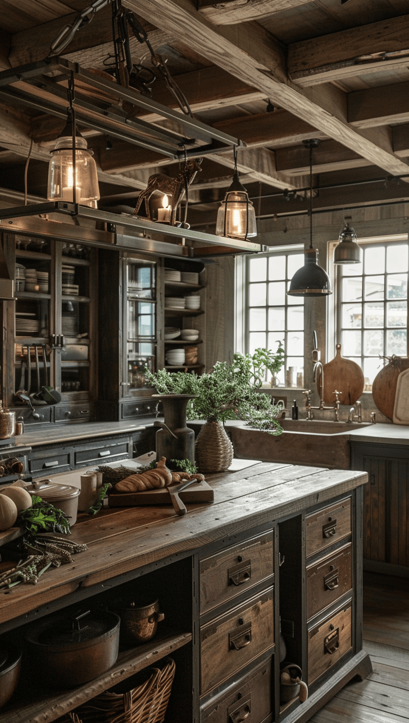 Rustic kitchen pot racks image displaying functional and decorative cookware storage above the island