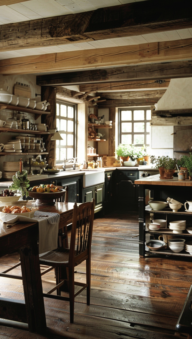 Rustic kitchen table settings picture set for a warm, welcoming meal with family and friends