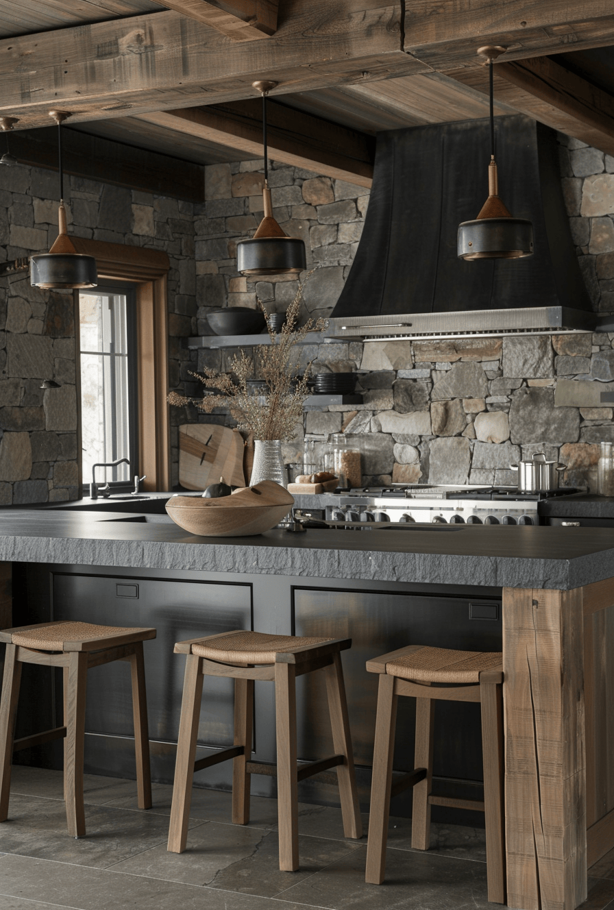 Rustic kitchen textiles close-up showing plaid and burlap fabrics adding cozy vibes to the space