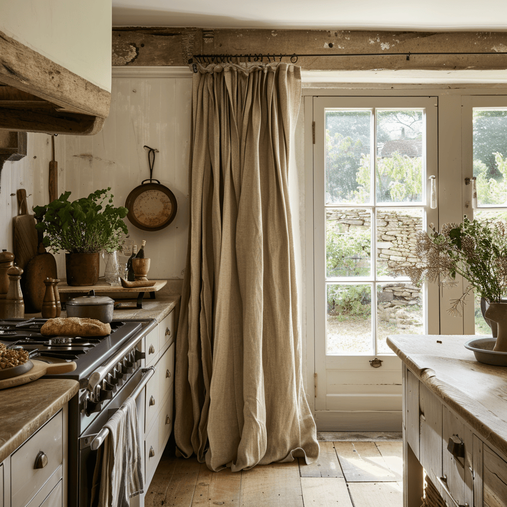Rustic linen curtains in this English countryside kitchen add texture and a touch of softness to the space