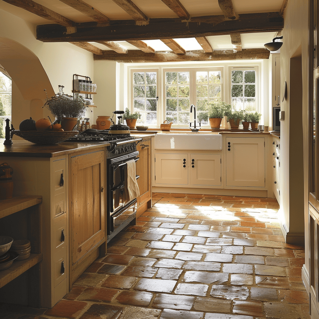 Rustic terracotta tile flooring in this English countryside kitchen adds a warm and earthy touch to the space