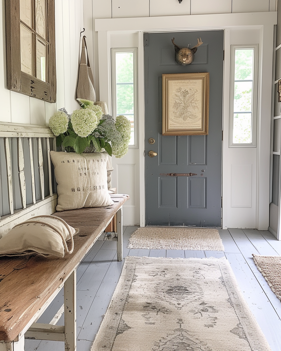 Rustic wooden ladder in farmhouse hallway for displaying throws and textiles