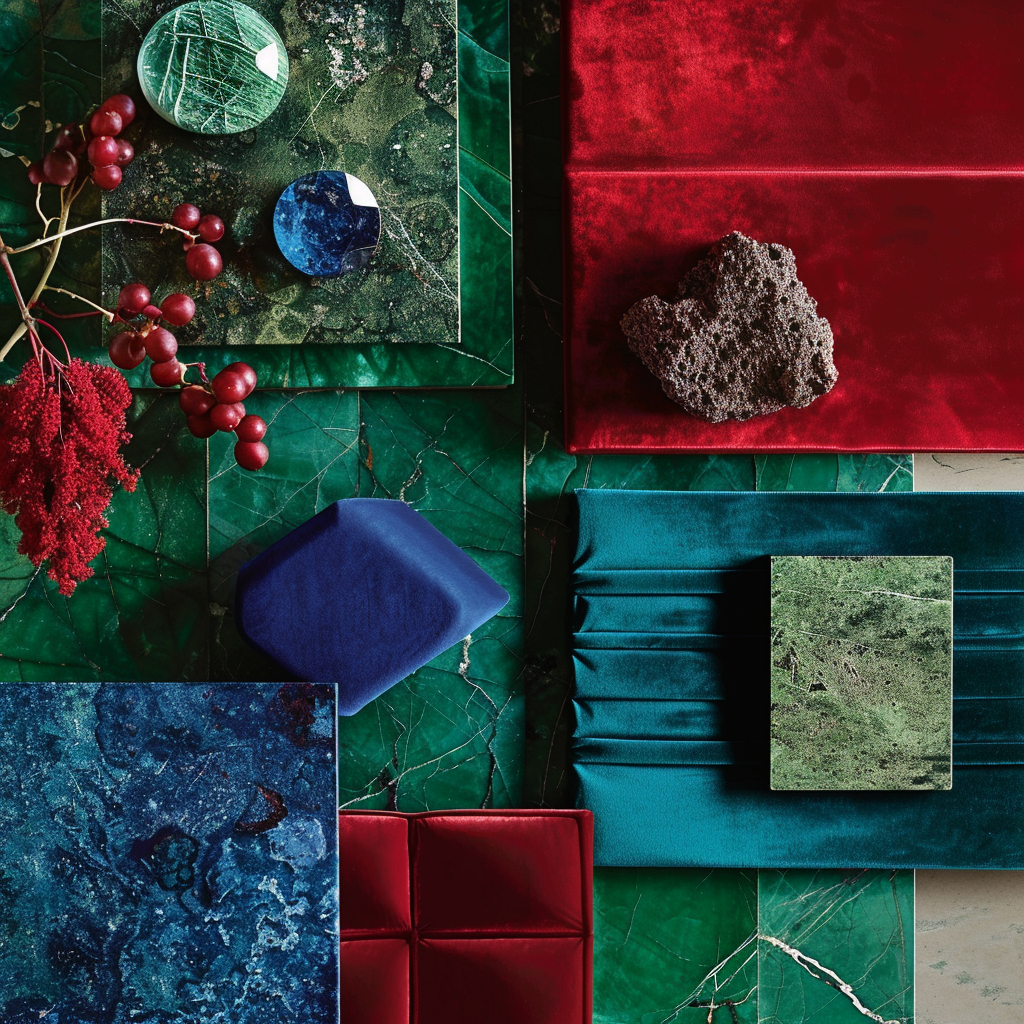 Saturated hues of jewel tones create a striking moodboard, perfect for adding depth and energy to boho chic spaces