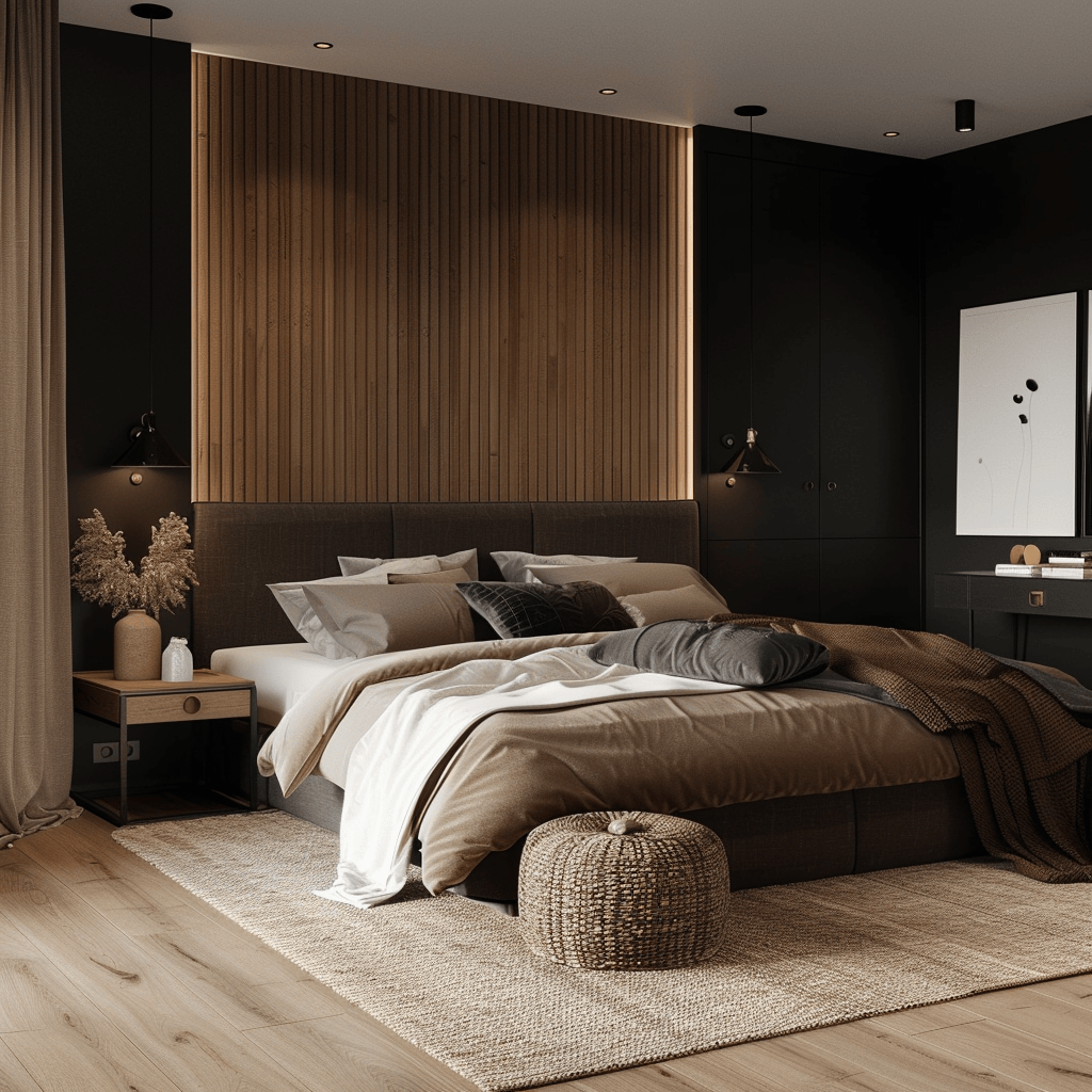 Scandinavian-inspired bedroom with an existing color scheme of deep, rich hues, updated with light, neutral accents and natural materials