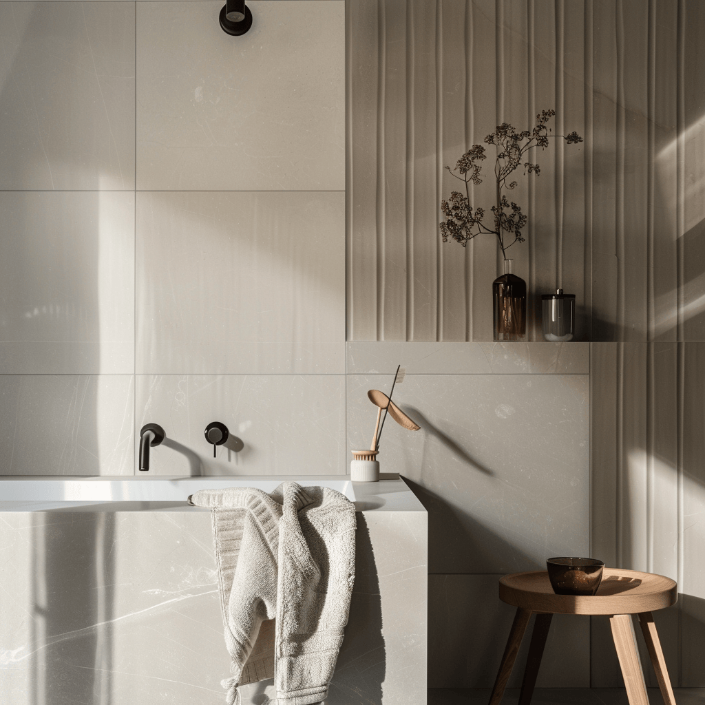 Scandinavian bathroom featuring matte finish tiles and subtle marble accents for a touch of sophistication