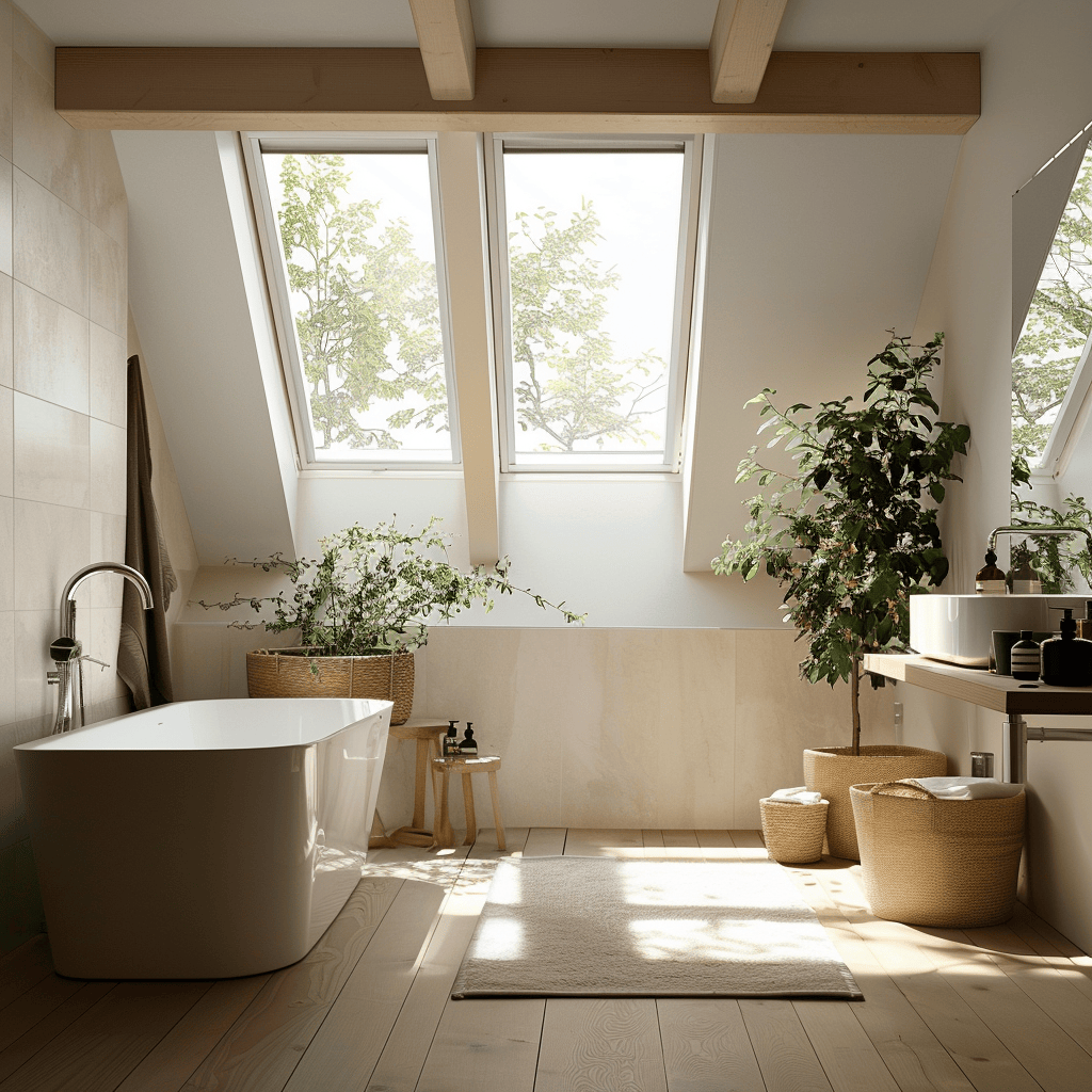 Scandinavian bathroom filled with soft natural light from large windows and strategically placed skylights