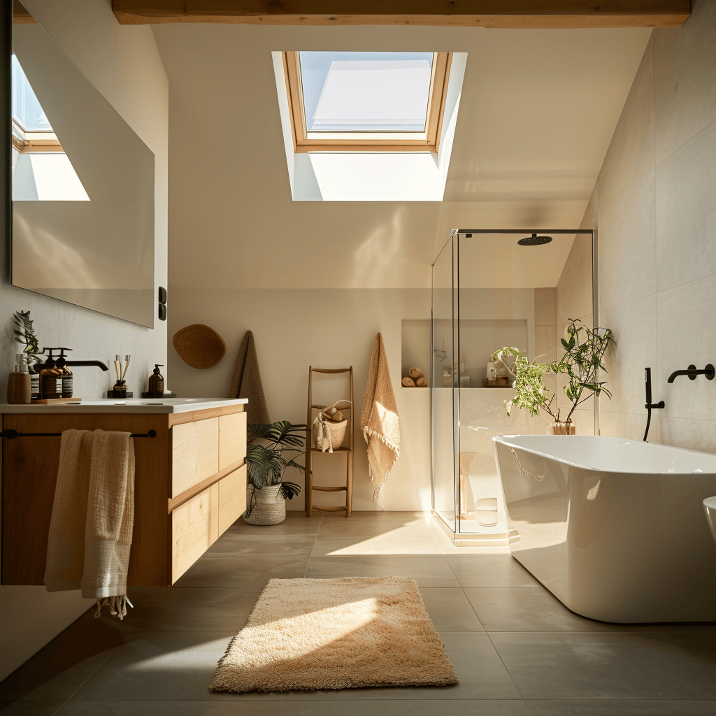 Scandinavian bathroom illuminated by a centrally placed skylight creating a bright and open atmosphere