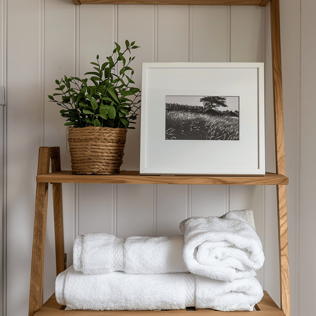 Scandinavian bathroom shelf displaying a simple green potted plant stack of white towels and black and white photo