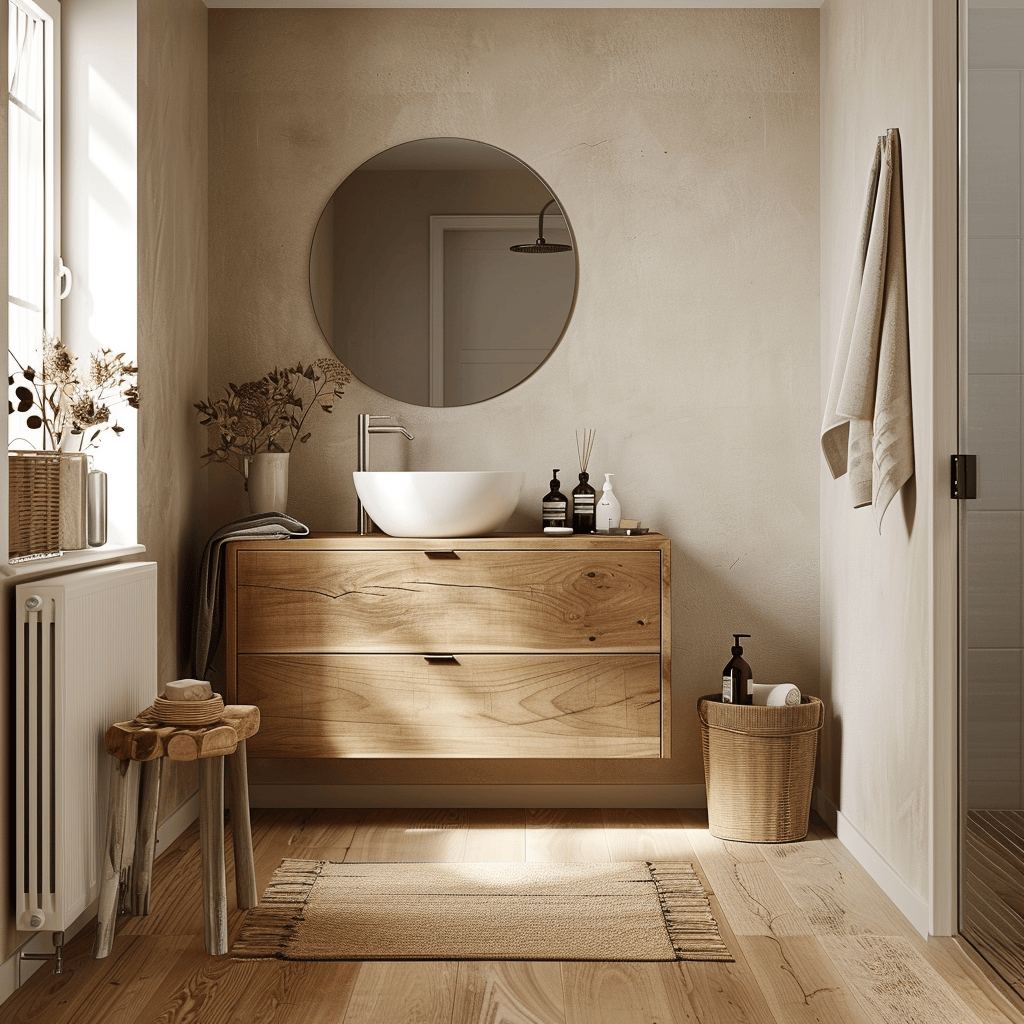 Scandinavian bathroom showcasing the beauty of natural wood through a light wood floor vanity and accents