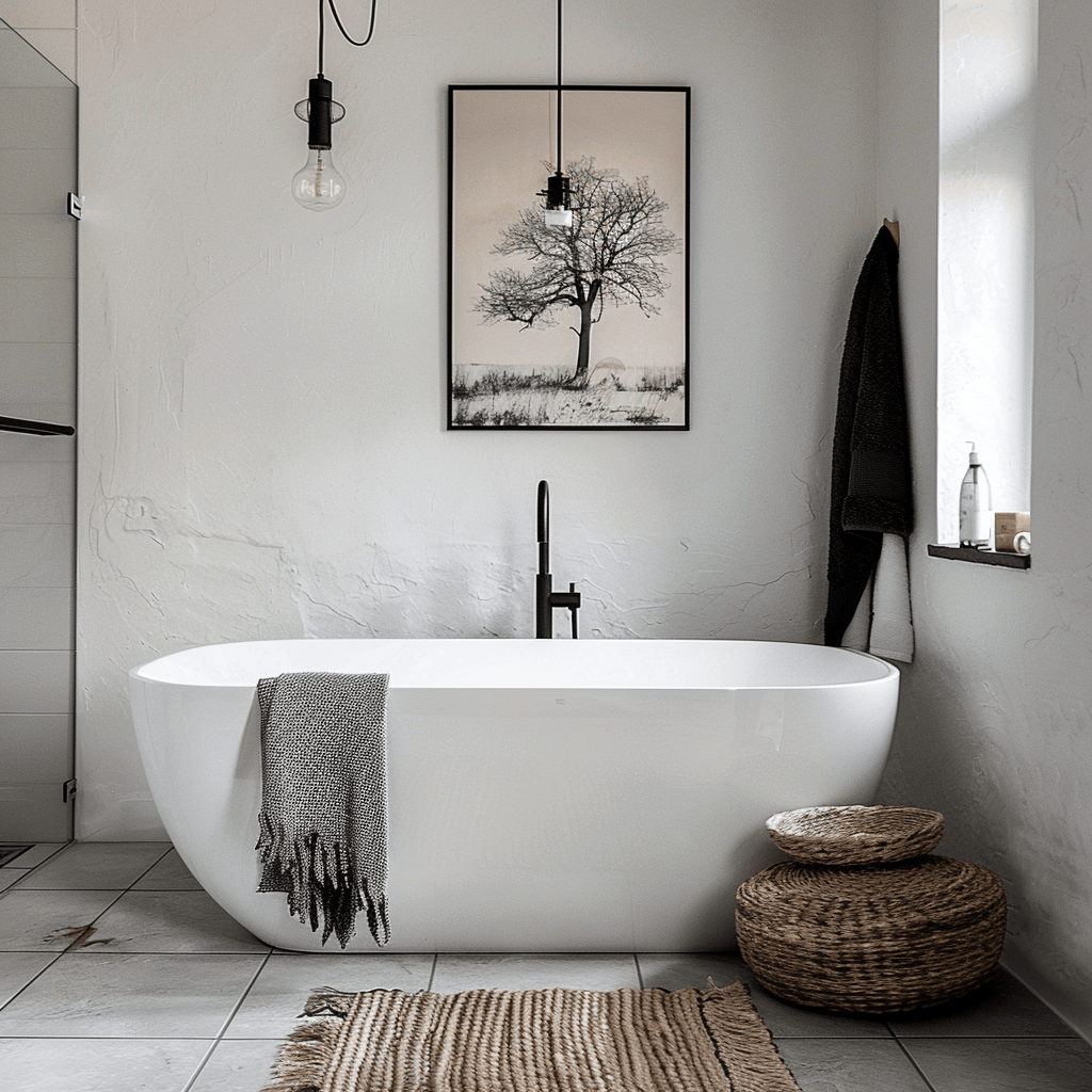 Scandinavian bathroom with a black and white nature photograph and a Scandinavian inspired line drawing adding a personal touch